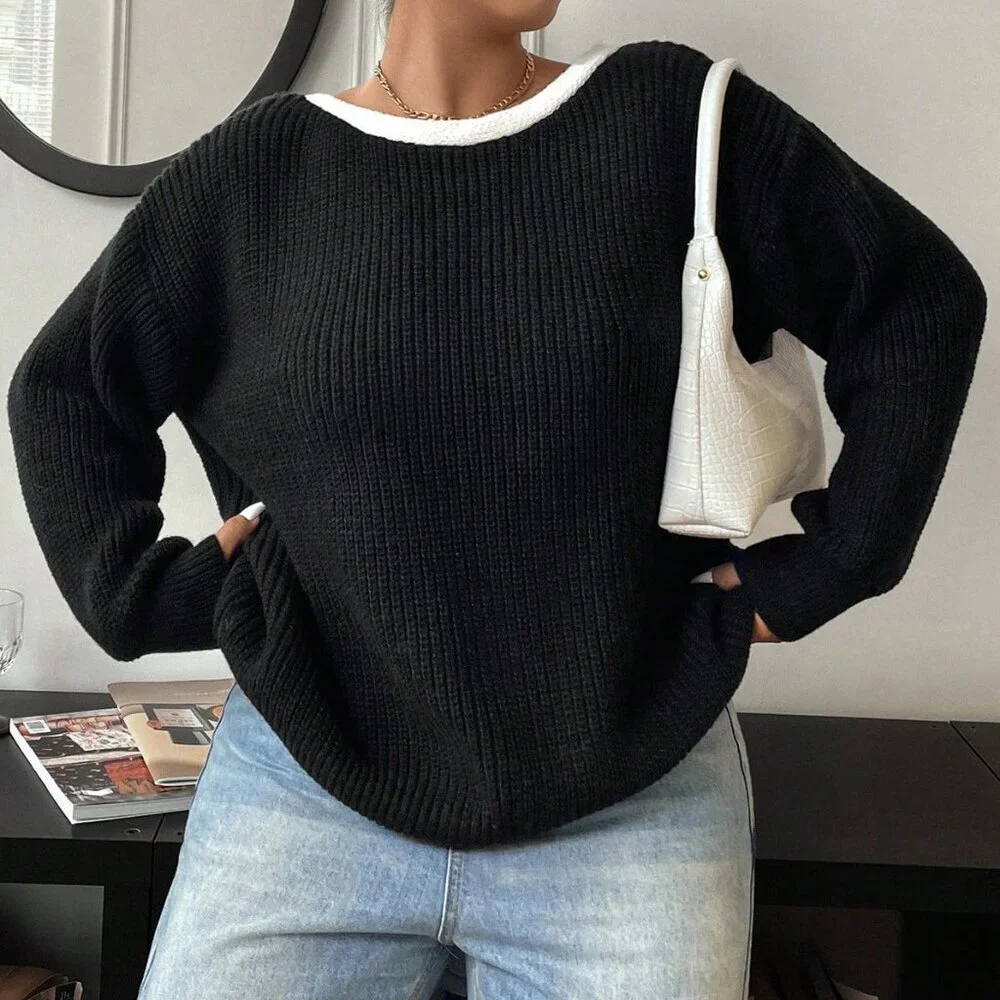 Plus Size Black Casual Women's Bowknot Crew Neck Long Sleeve Sweater - Picture 6 of 9